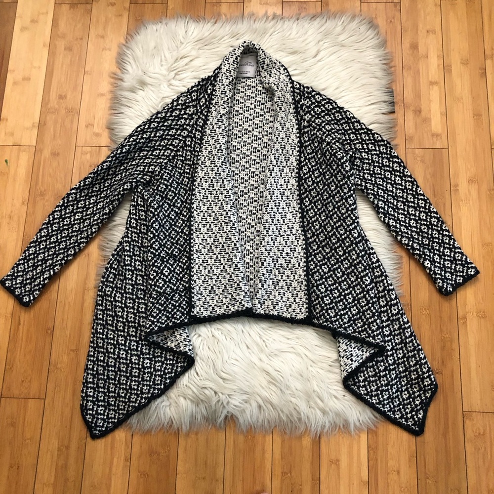 Zara Wool Blend Mosaic Open Front Black White Knit Cardigan Duster Sweater M